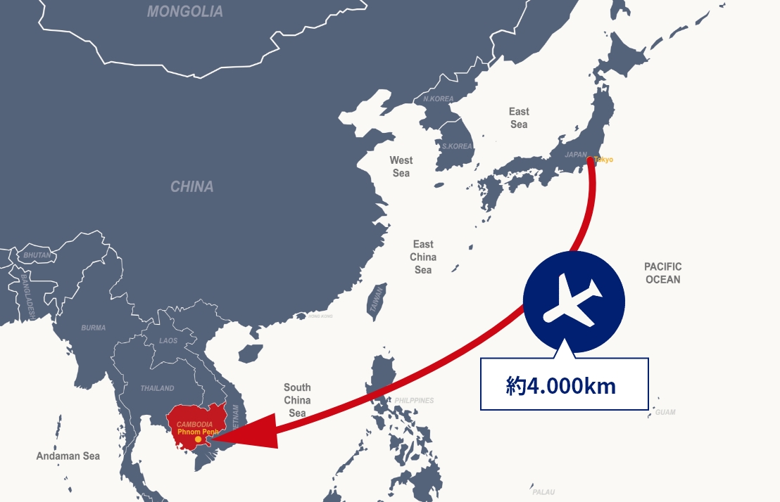 日本からカンボジアへの飛行路線図