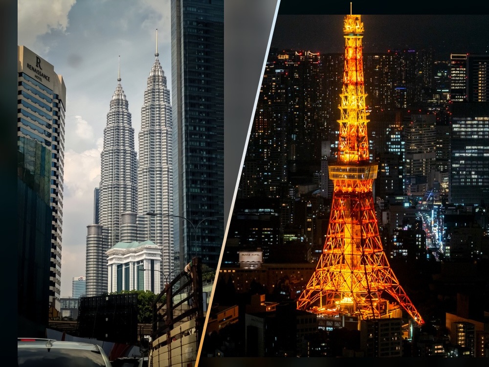 マレーシアのクアラルンプールにあるペトロナスツインタワーと東京たわーの画像。