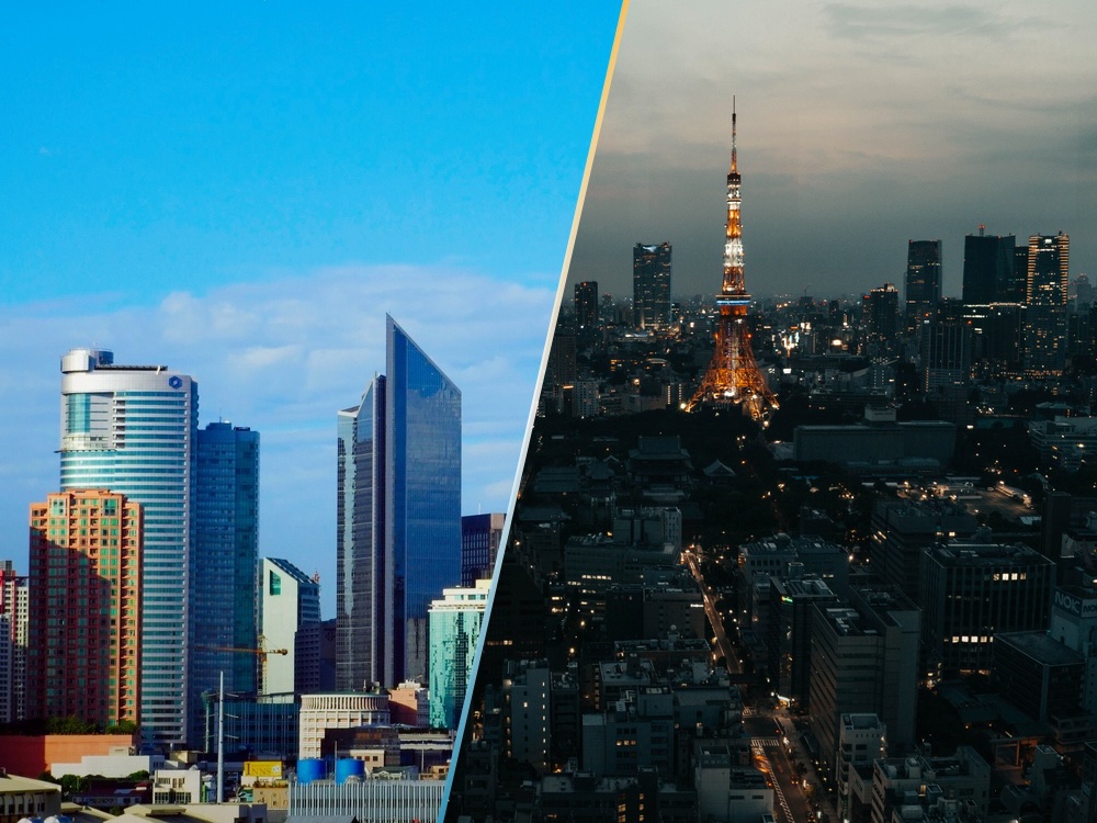 フィリピン・マニラの中心業務地区であるマカティ(Makati)に位置する高層ビル群と東京の夜景の画像。